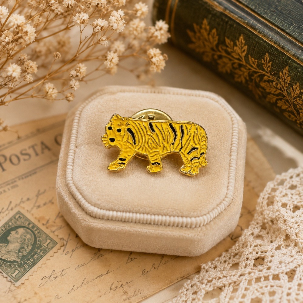 Vintage Yellow Enamel Tiger Pin Gold Tone Animal Lapel Pin Accessory